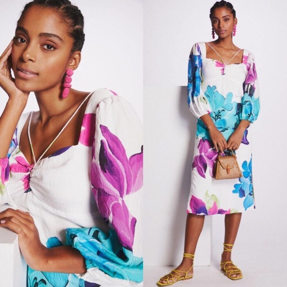 Anthropologie Maeve Printed Midi Dress Women’s Size 8 Floral Ballon Sleeve